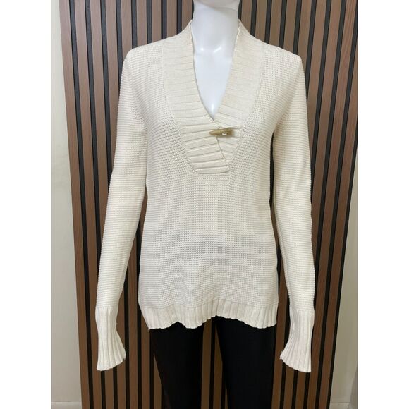 Lauren Ralph Lauren Women's S White Sweater Cotton Pullover Textured Knit Toggle - Picture 1 of 11